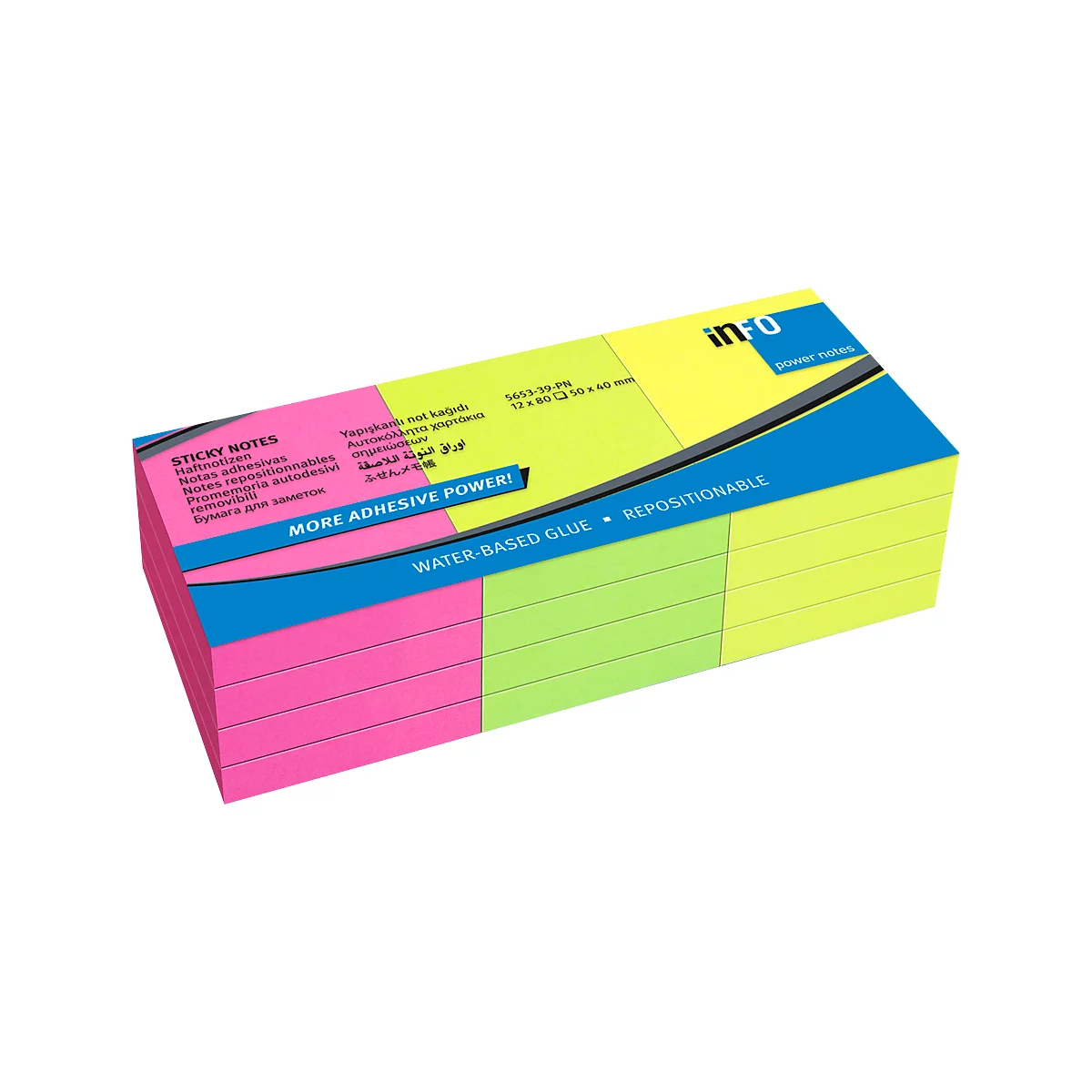 inFO Power Notes Sticky Notes, 50 x 40 mm, 80 feuilles par bloc, 12 blocs, 3 couleurs