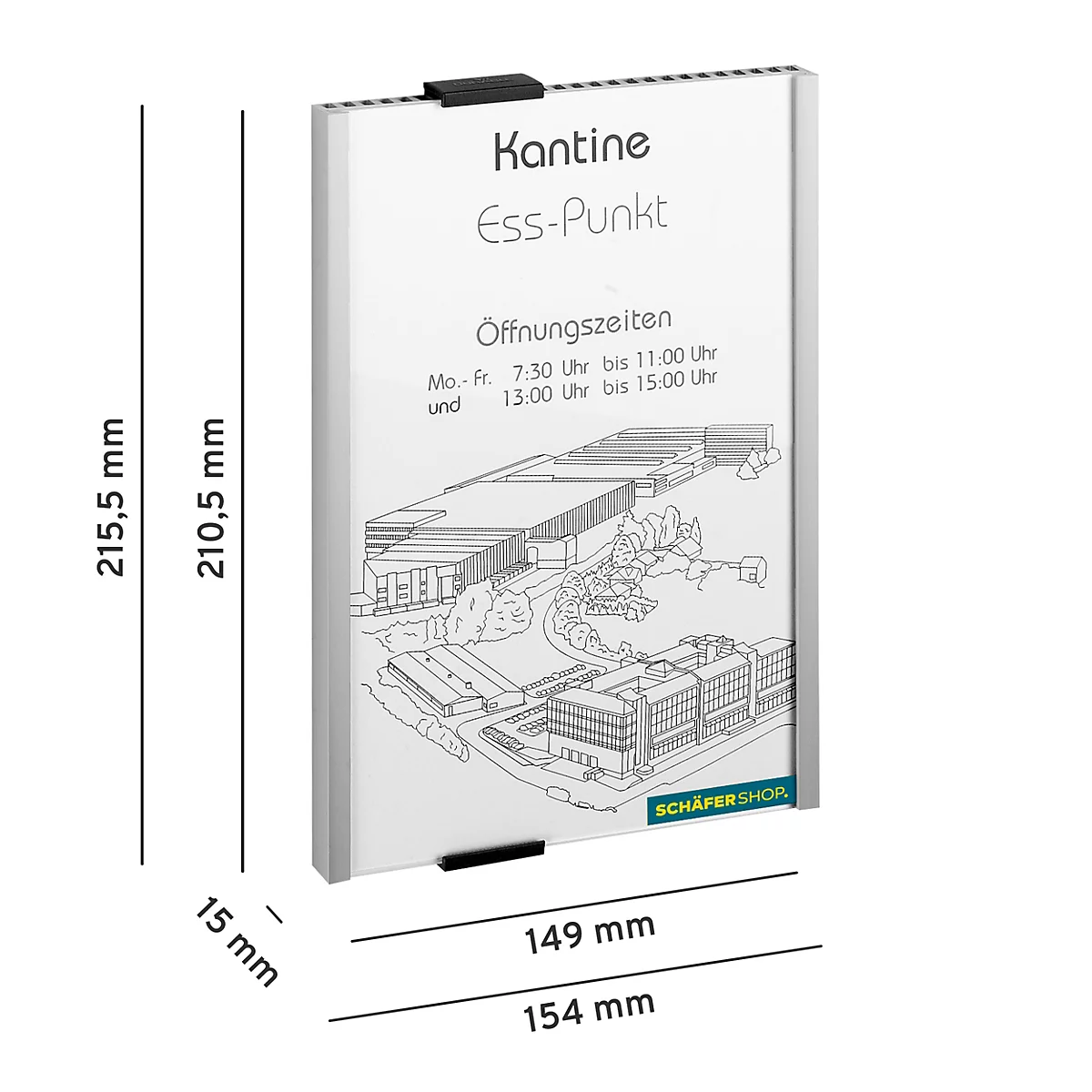 Grauer Kantinen-Aushang mit Öffnungszeiten, Kantine und Ess-Punkt-Schriftzug. Das Schild ist 21,5 cm hoch und 15 cm dick.