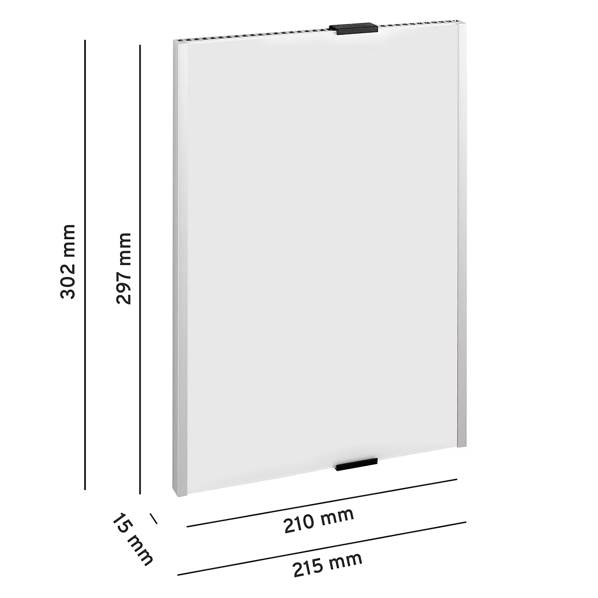 Rechteckige weiße Tafel mit schwarzen Griffen und Maßangaben in mm: 302 mm x 215 mm x 15 mm. Grauer Rahmen.