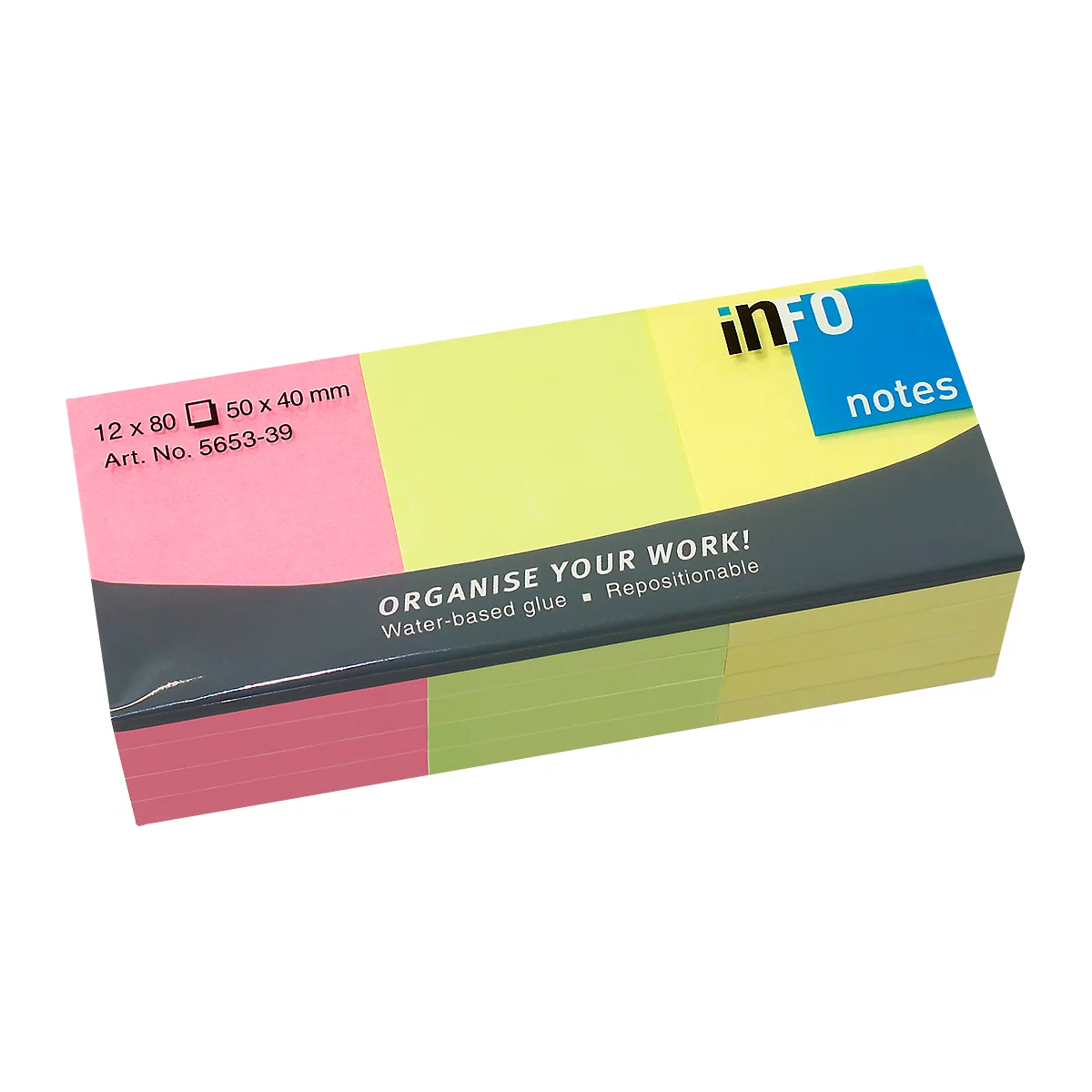 A pack of sticky notes in pink, yellow, and green, with text such as "ORGANISE YOUR WORK!" and "INFO notes".
