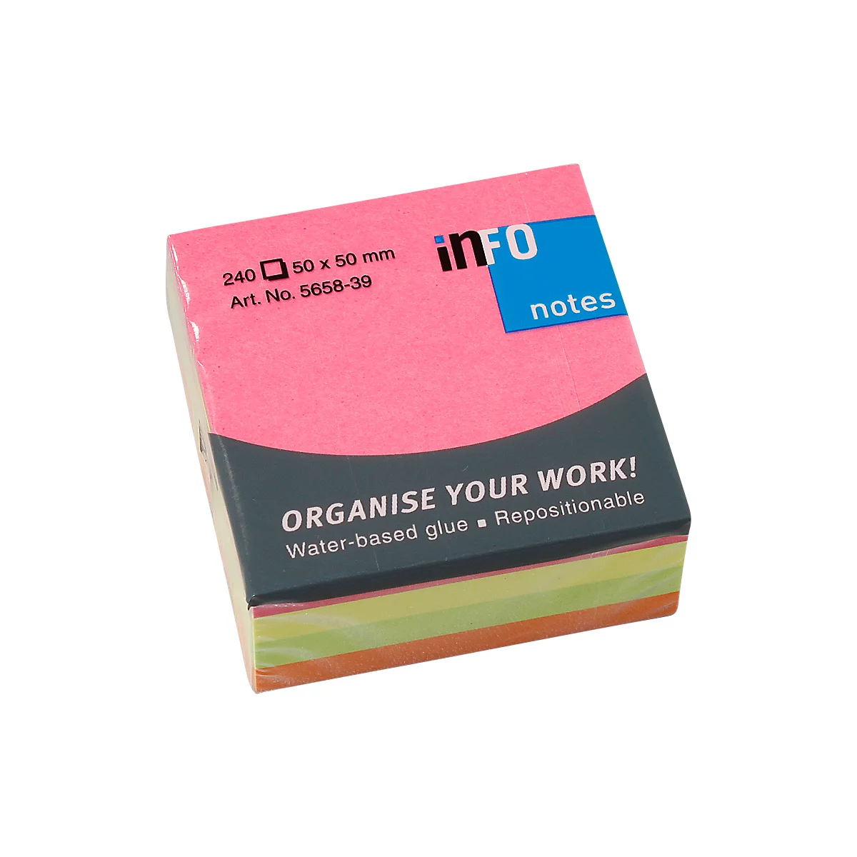 A pink sticky note pad with various colored sheets and text: ORGANISE YOUR WORK!