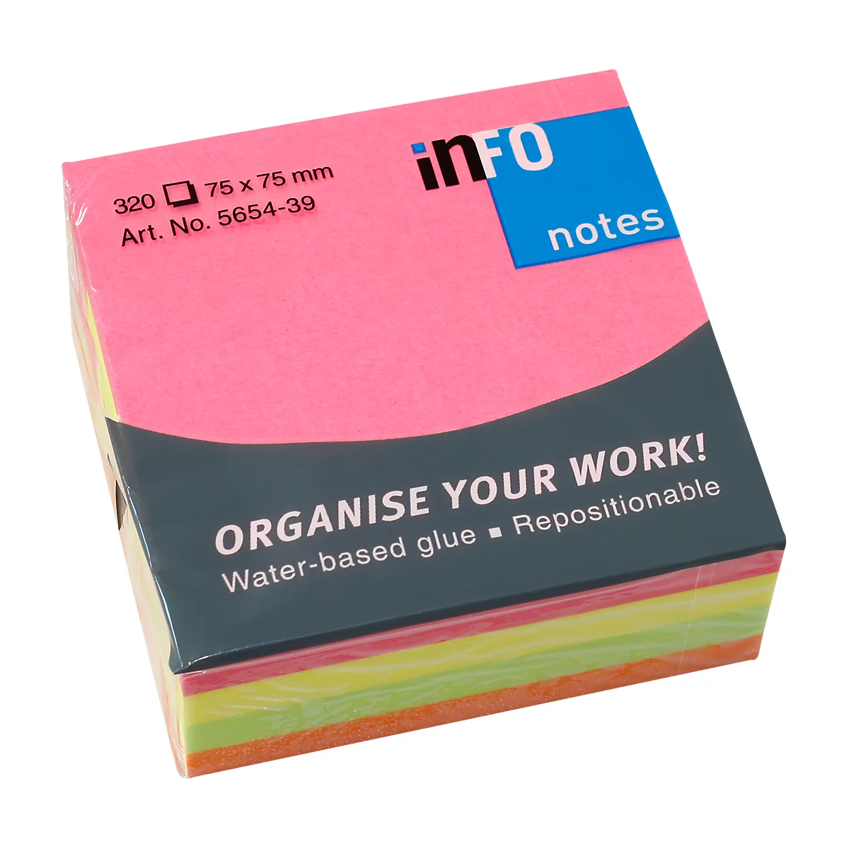 A block of colorful sticky notes. The pink cover shows "info notes" and "Organise Your Work!"