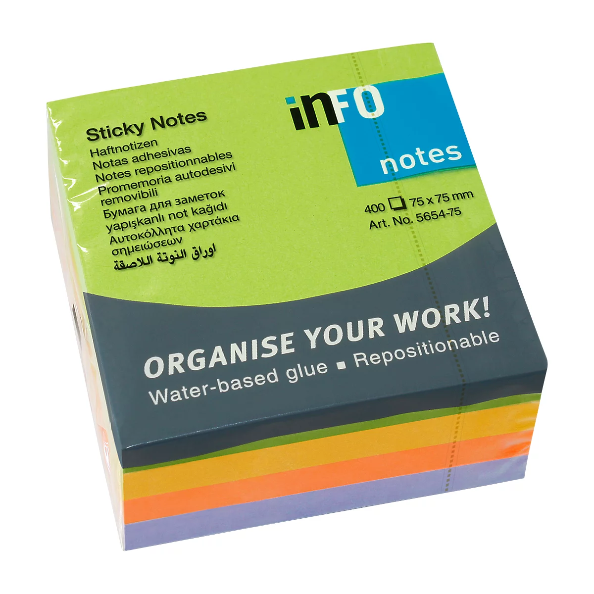 A stack of sticky notes in various colors, wrapped in foil. Product details in multiple languages are written on the packaging.