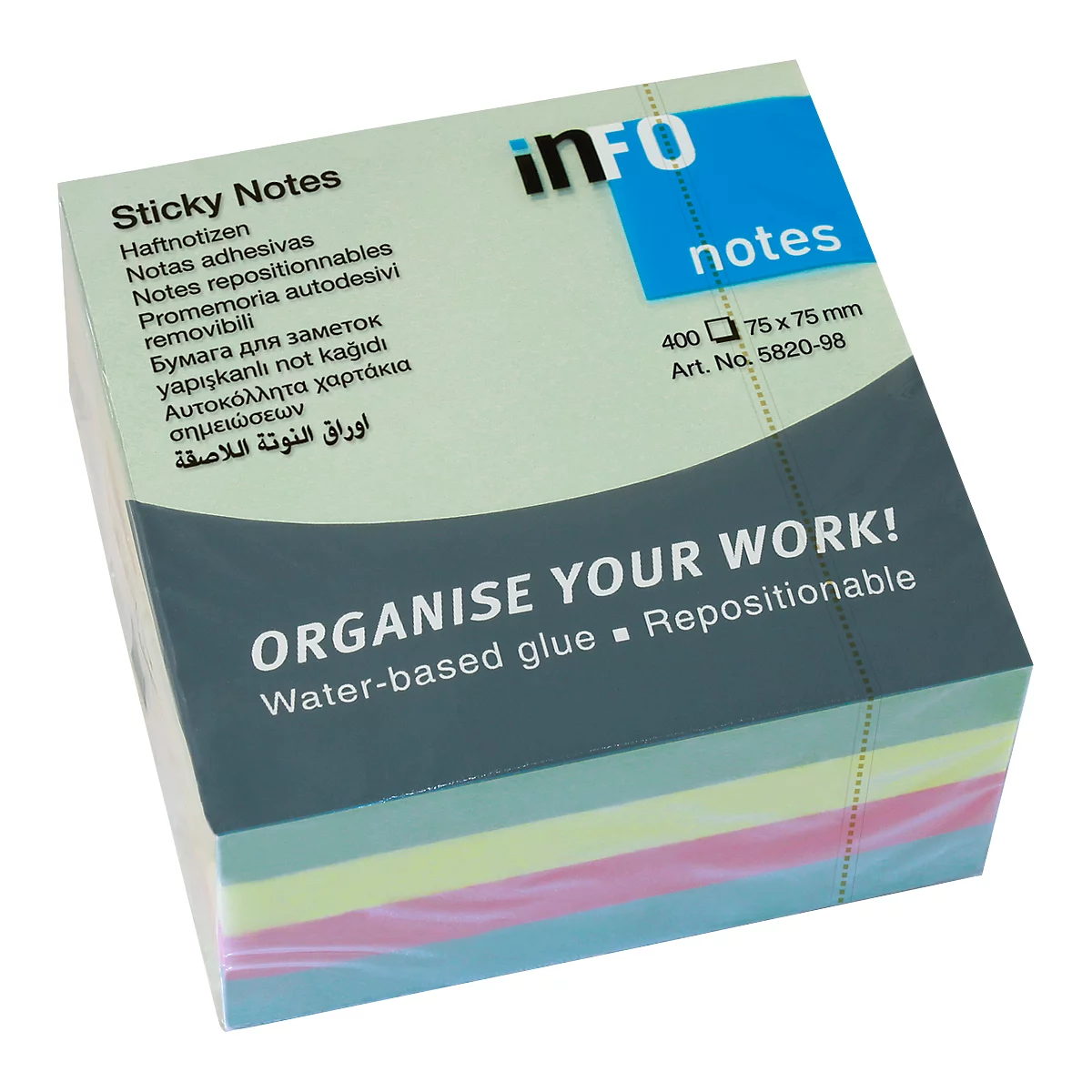 A square block of sticky notes with text in multiple languages. The notes are in pastel colors and printed with "ORGANISE YOUR WORK!"