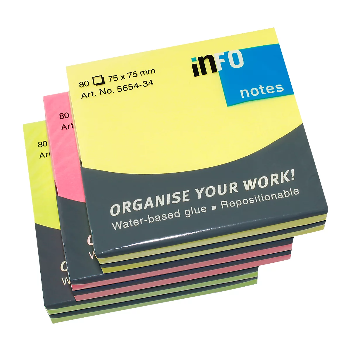 Three stacks of sticky notes in yellow, pink, and green with the text "Organise your work!", and "info notes."