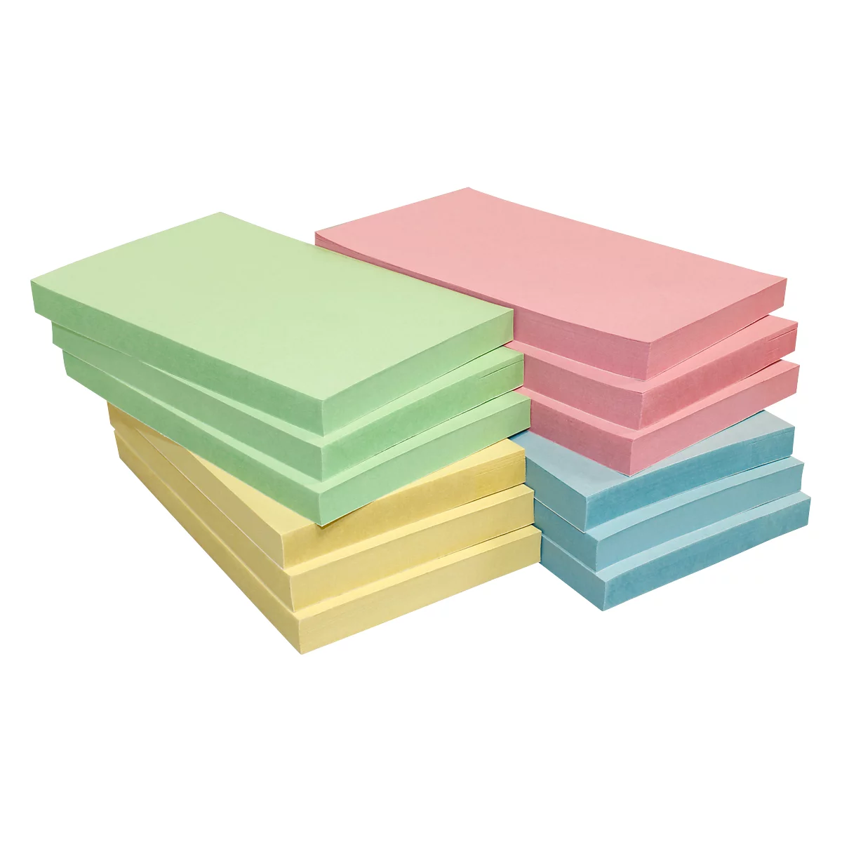 Stacks of various colored sticky note pads. Yellow, green, pink, and blue.