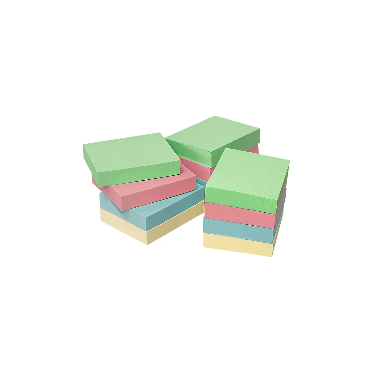 Several stacks of colorful sticky notes in green, pink, blue, and yellow.