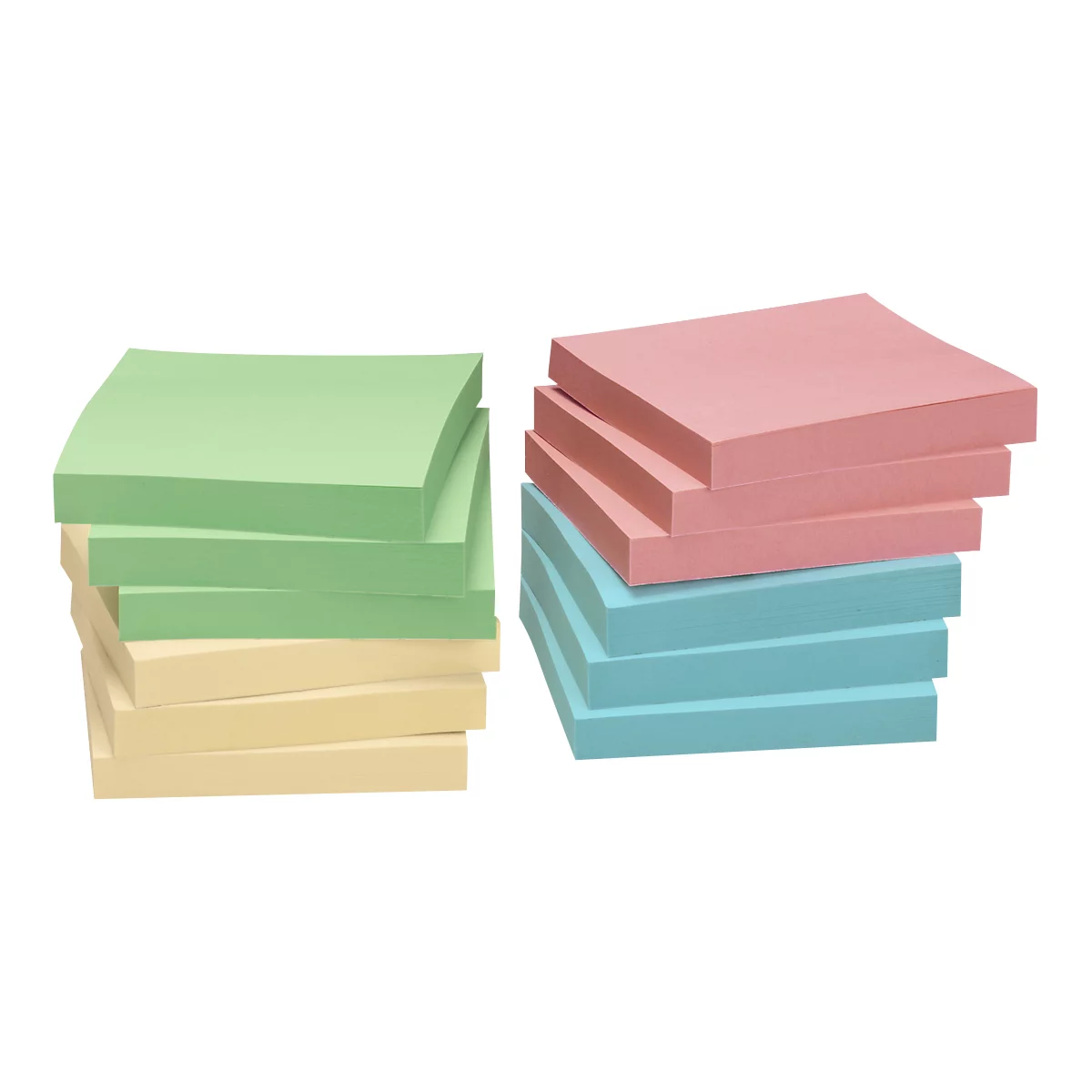 Two stacks of colorful sticky notes on a white background. One stack green and yellow, the other pink and blue.