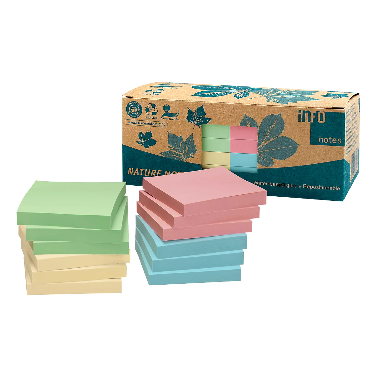 Three stacks of sticky notes in green, pink, and blue stand in front of a cardboard box labeled 'info notes'.
