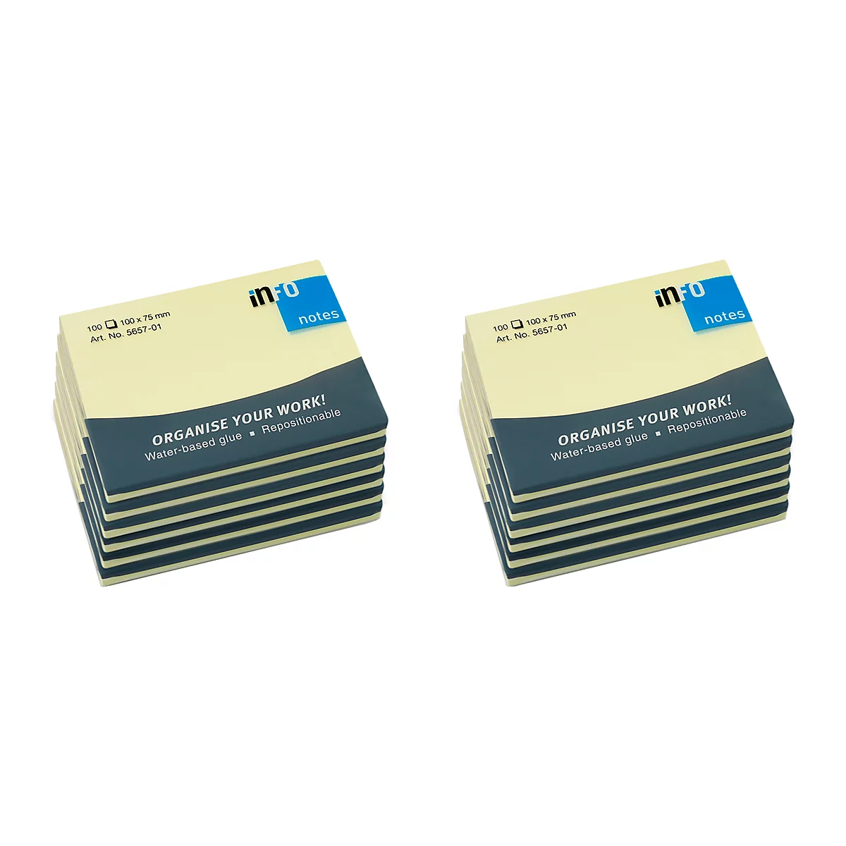 Twee stapels gele post-its met een blauwe rand. Tekst: Organiseer je werk! Lijm op waterbasis. Verplaatsbaar.