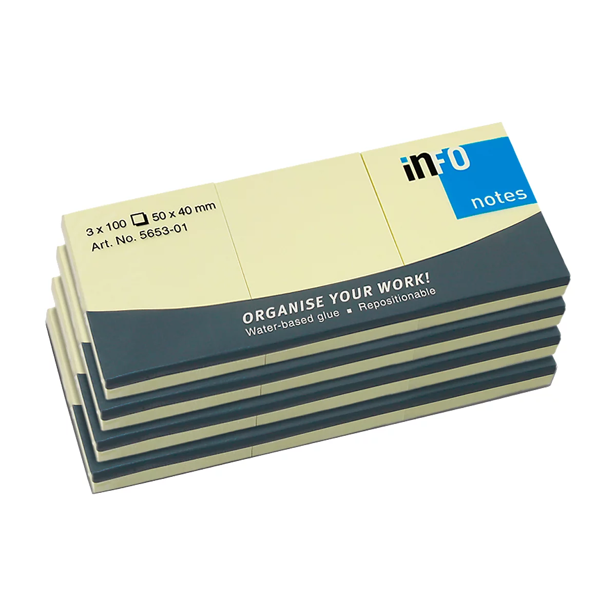 Een stapel gele post-it-blaadjes met een blauw-grijze streep. De tekst "ORGANISE YOUR WORK!" is zichtbaar. Het "info notes" logo is ook zichtbaar.