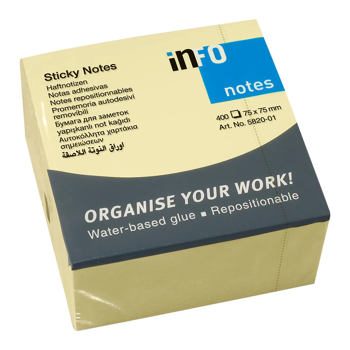 Een gele zelfklevende notitieblok met blauwe letters en tekst: “Sticky Notes”.