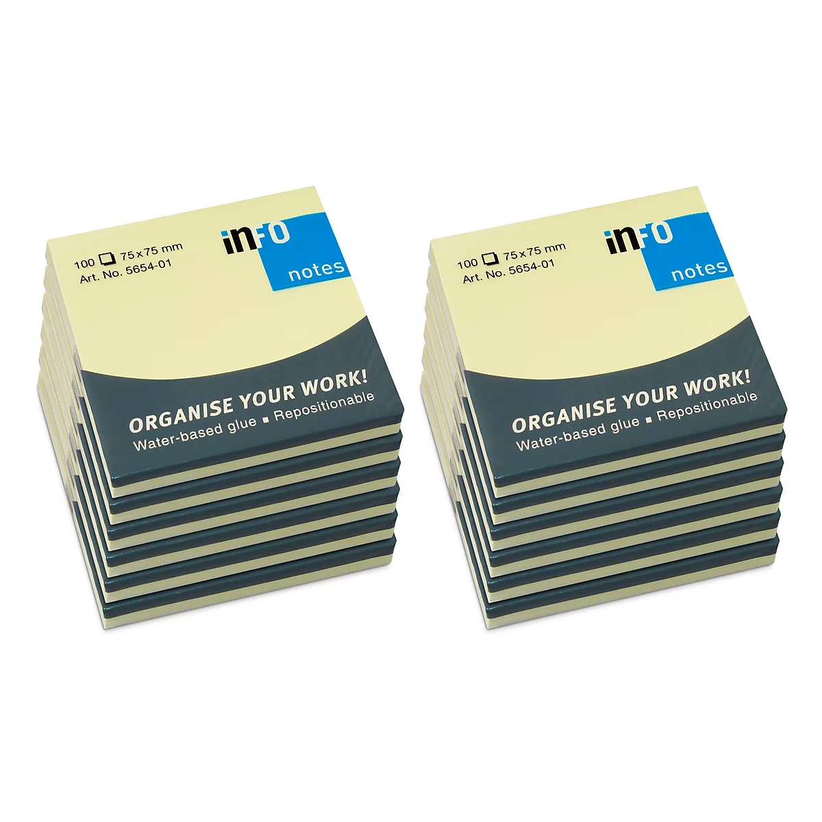 Twee stapels gele en grijze memoblaadjes met de tekst "ORGANISE YOUR WORK!".