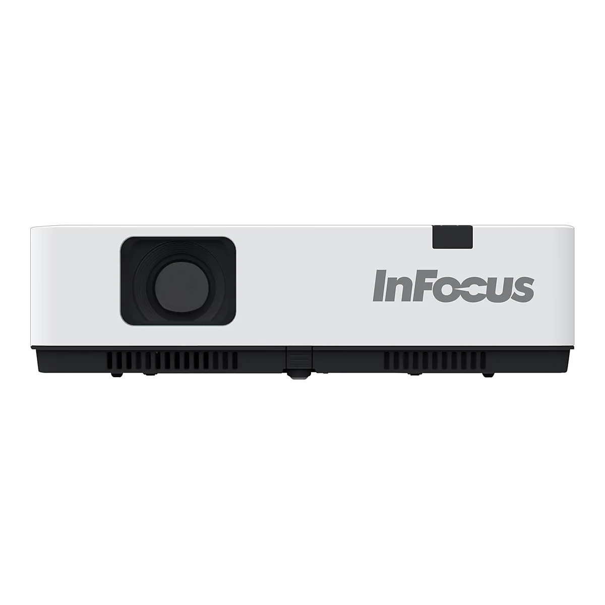 Weißer InFocus Projektor mit schwarzer Linse und Schriftzug vor weißem Hintergrund.