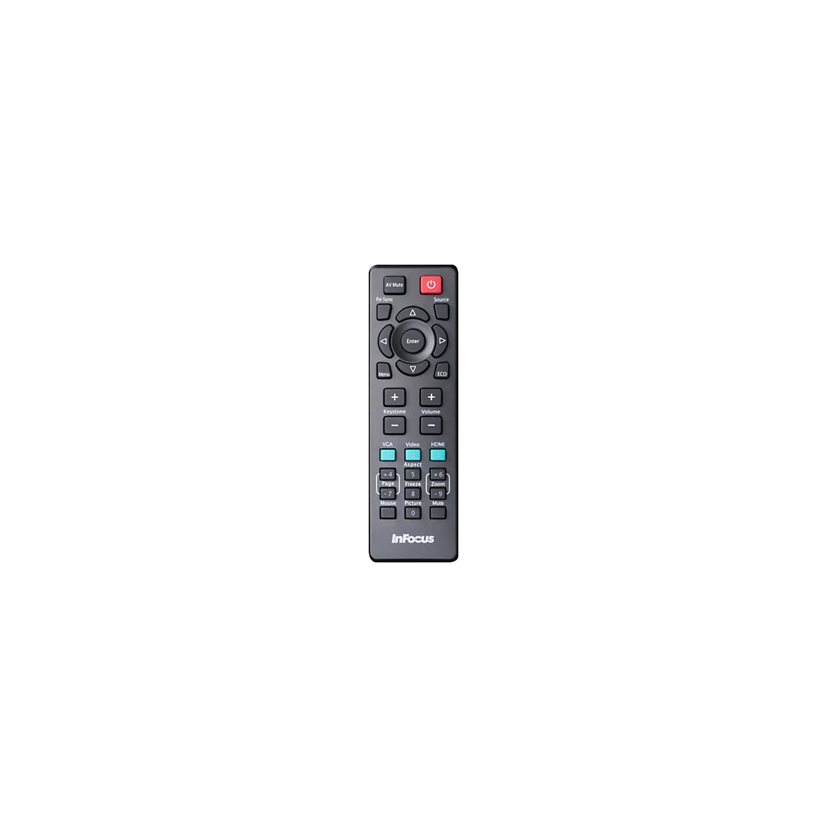 Dunkelgraue InFocus-Fernbedienung, rote Power-Taste. Tasten mit Funktionen wie LautstÃ¤rke, Quelle, HDMI.