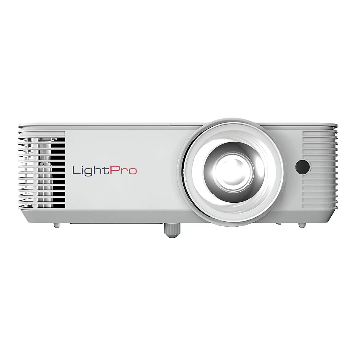 Weißer LightPro Beamer in Frontansicht vor weißem Hintergrund.