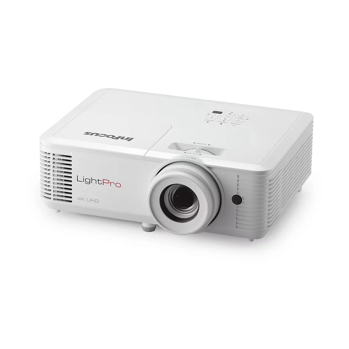 Weißer InFocus LightPro 4K UHD Projektor in moderner, kompakter Bauweise vor weißem Hintergrund.
