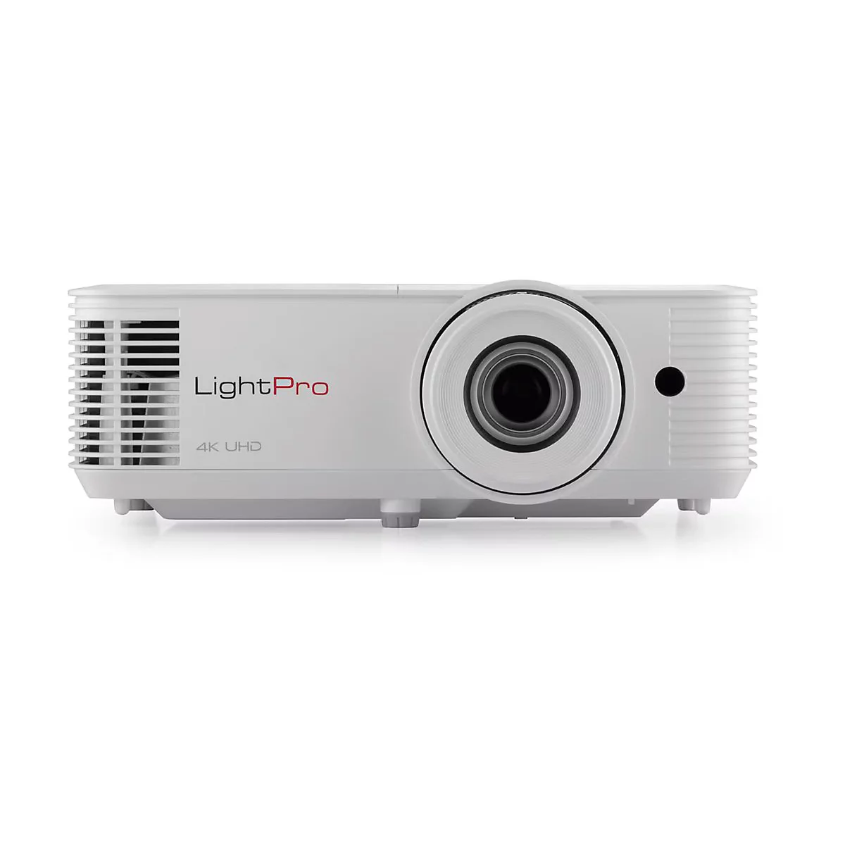 Weißer LightPro 4K UHD Projektor in Frontansicht vor neutralem Hintergrund.