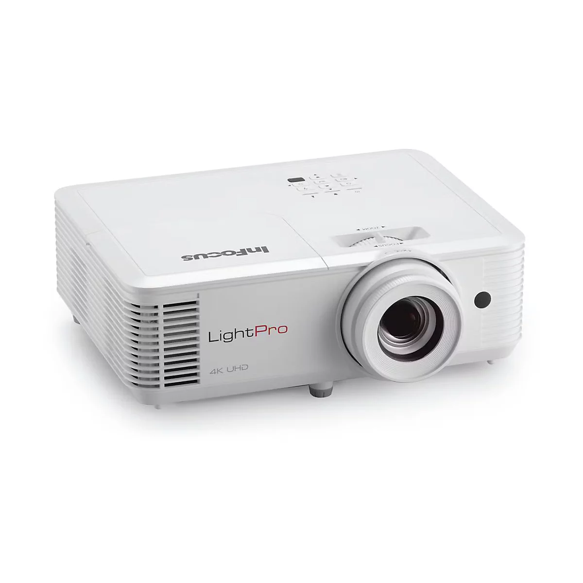 Weißer InFocus LightPro 4K UHD Projektor in moderner Gehäuseform vor weißem Hintergrund.