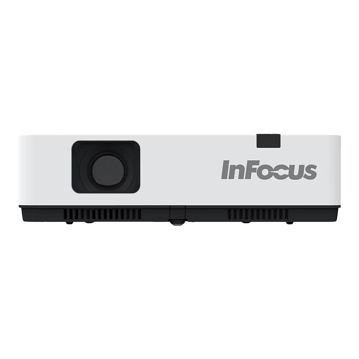 Weißer InFocus Projektor mit schwarzer Linse und Lüftungsgitter auf weißem Hintergrund.