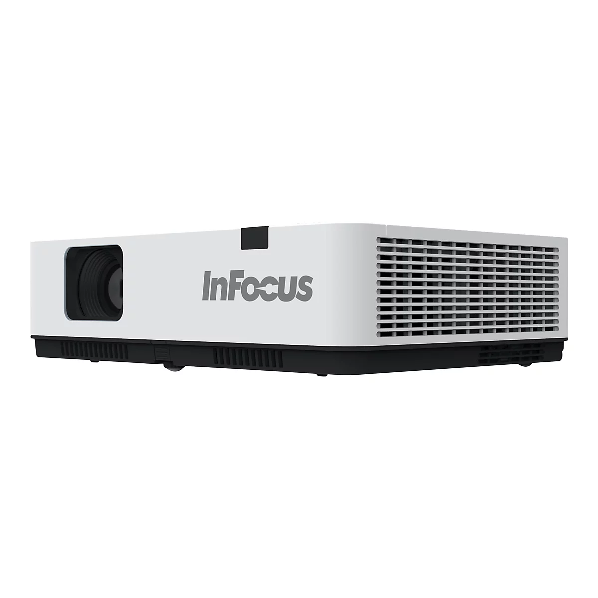 Ein weiÃŸer InFocus-Projektor. Der Projektor steht auf schwarzem Sockel. Auf der Seite steht InFocus.