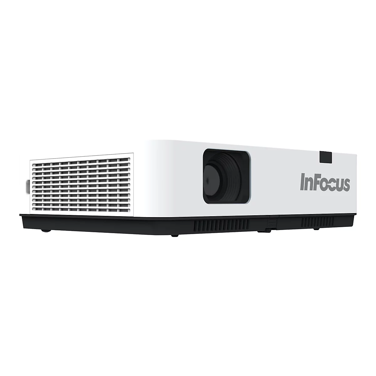 WeiÃŸer InFocus-Beamer. Seitliche Ansicht mit Logo, LÃ¼ftungsgitter und Objektiv.