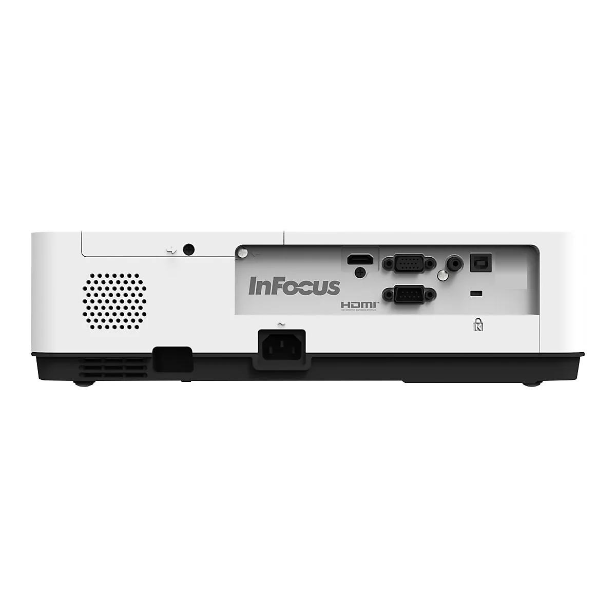 RÃ¼ckseite eines weiÃŸen InFocus-Projektors mit AnschlÃ¼ssen und LÃ¼ftungsschlitzen.