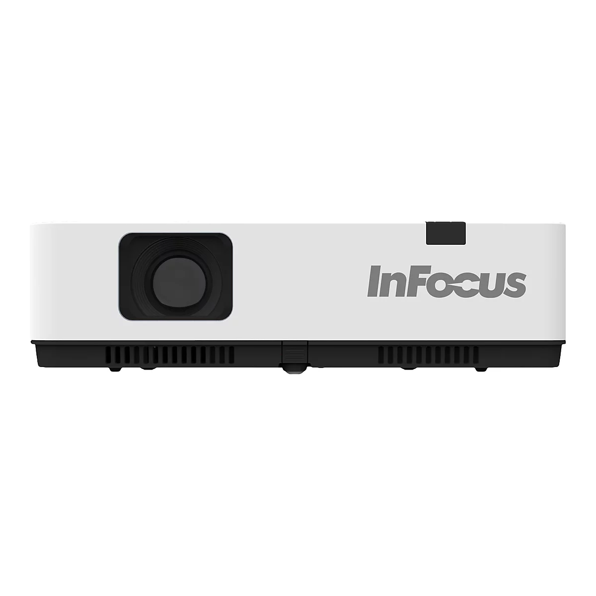 Ein weiÃŸer InFocus-Projektor mit schwarzer Linse, Logo und LÃ¼ftungsschlitzen.