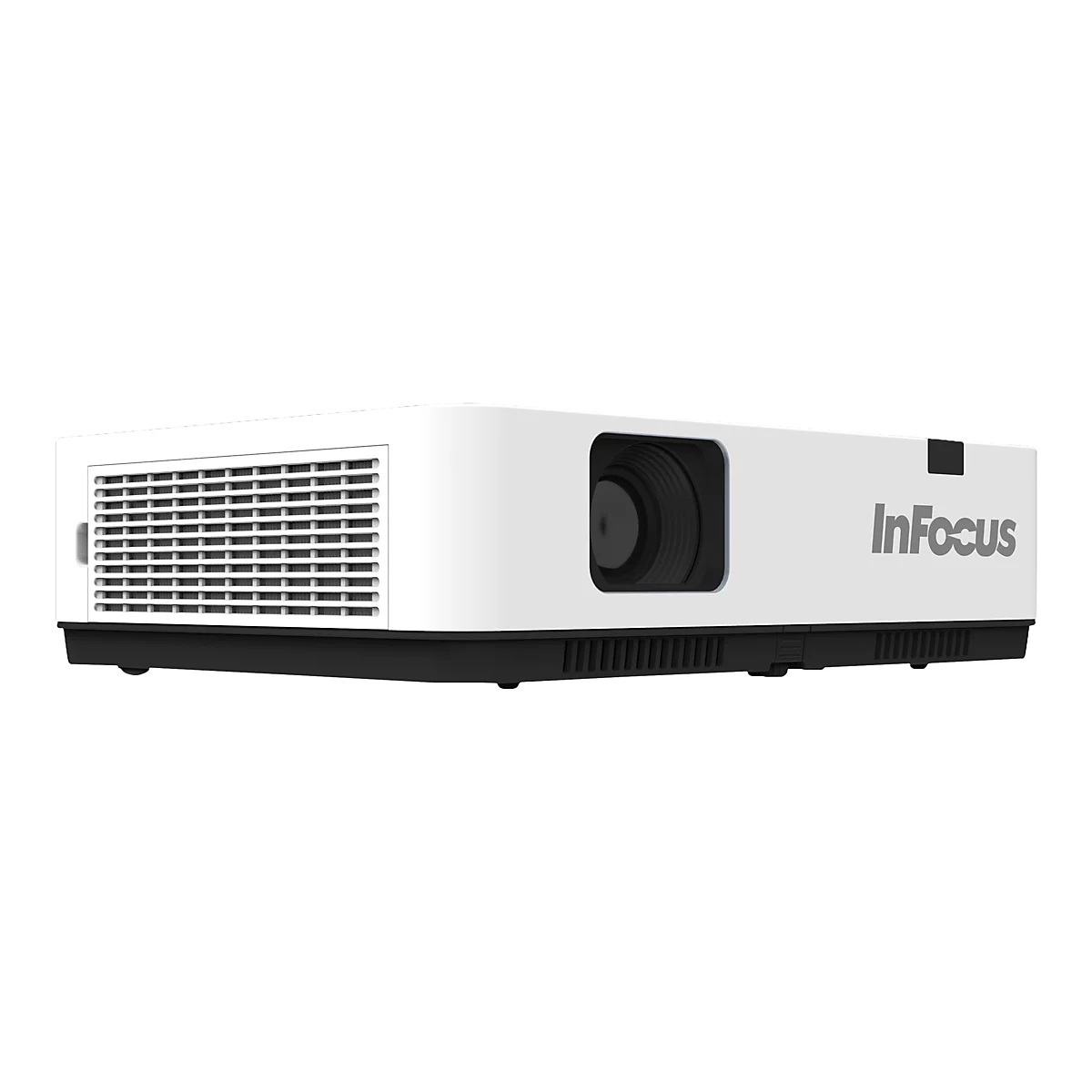 WeiÃŸer Projektor mit schwarzer Basis und BelÃ¼ftungsgittern. Logo 'InFocus' auf der Seite.