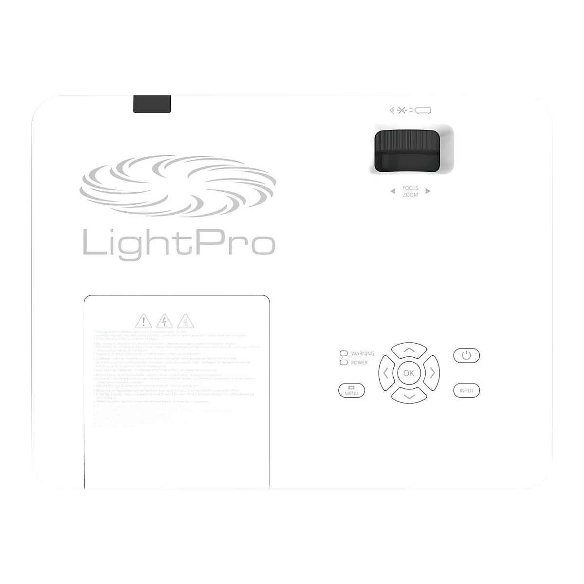 Draufsicht auf einen weiÃŸen Projektor. Oben links: LightPro-Logo. Unten rechts: Bedienelemente mit KnÃ¶pfen.