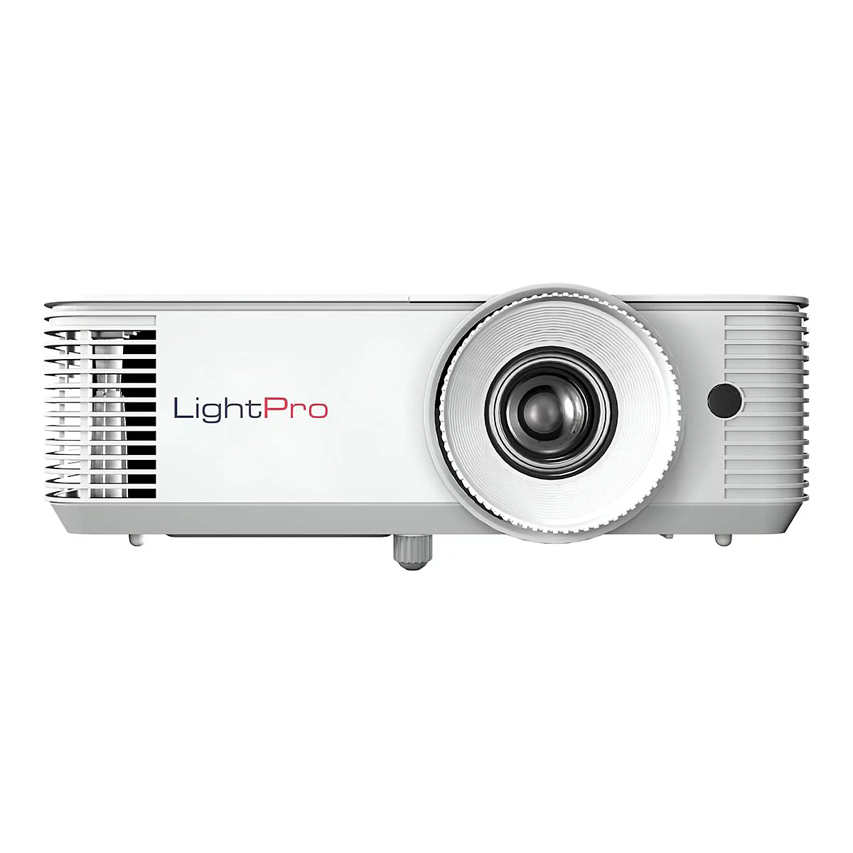Weißer LightPro Beamer in Frontansicht mit großem Objektiv und Lüftungsschlitzen vor weißem Hintergrund.