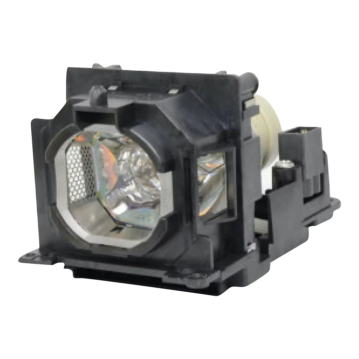 Ersatzlampe für Beamer in einem schwarzen Kunststoffgehäuse mit sichtbarem Reflektor und Glaskolben.