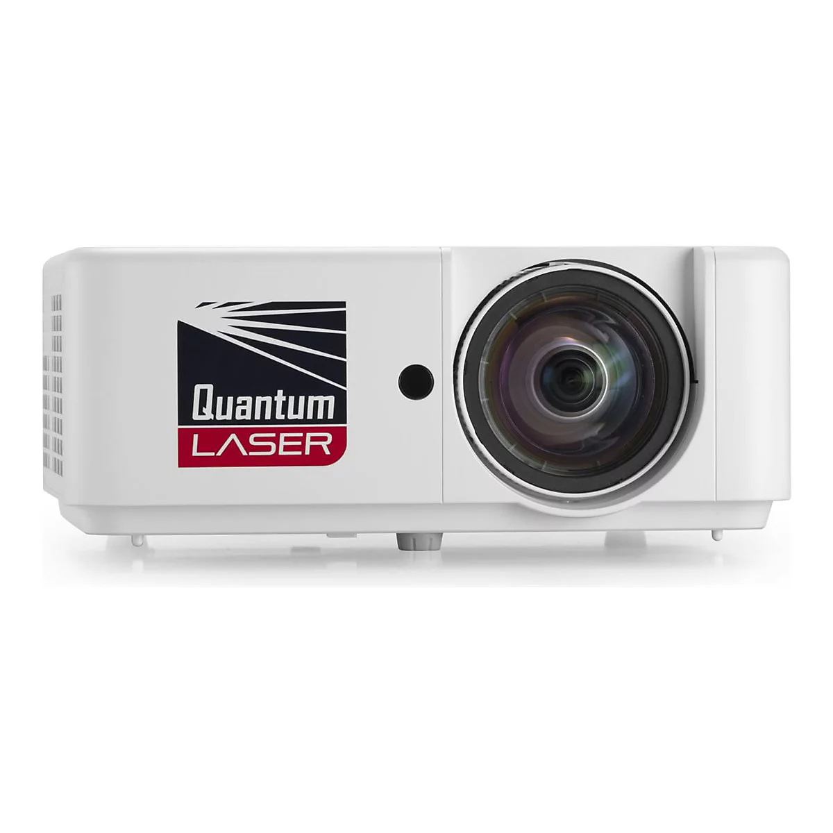 Weißer Quantum Laser Projektor in Frontalansicht vor weißem Hintergrund.