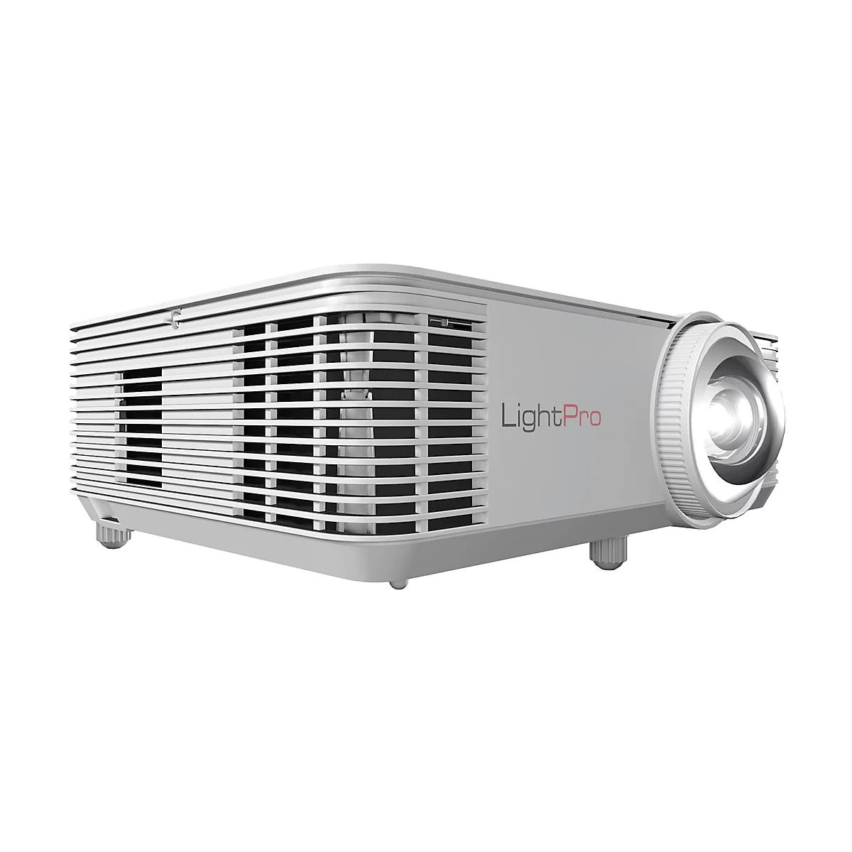 Weißer LightPro Projektor mit Lüftungsschlitzen und Objektiv in der Vorderansicht auf weißem Hintergrund.