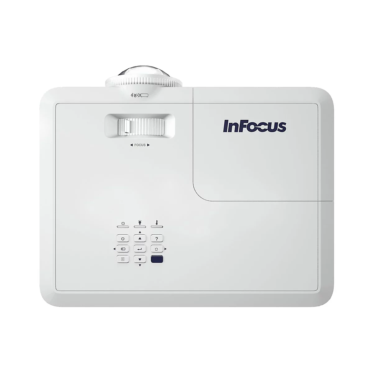 Weißer InFocus Projektor in der Draufsicht mit Fokusrad und Tastenfeld.