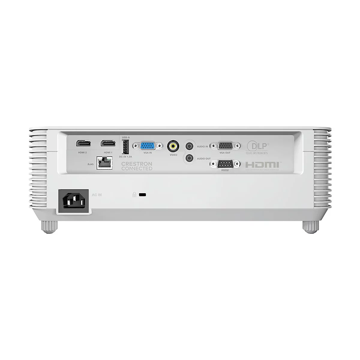 Rückseite eines weißen Projektors mit zahlreichen Anschlüssen wie HDMI, VGA, USB und RJ45.