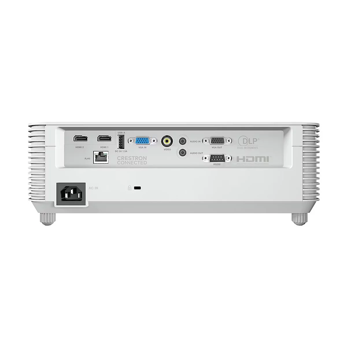 Rückseite eines weißen Projektors mit zahlreichen Anschlussmöglichkeiten wie HDMI, VGA, Audio und Netzwerk.