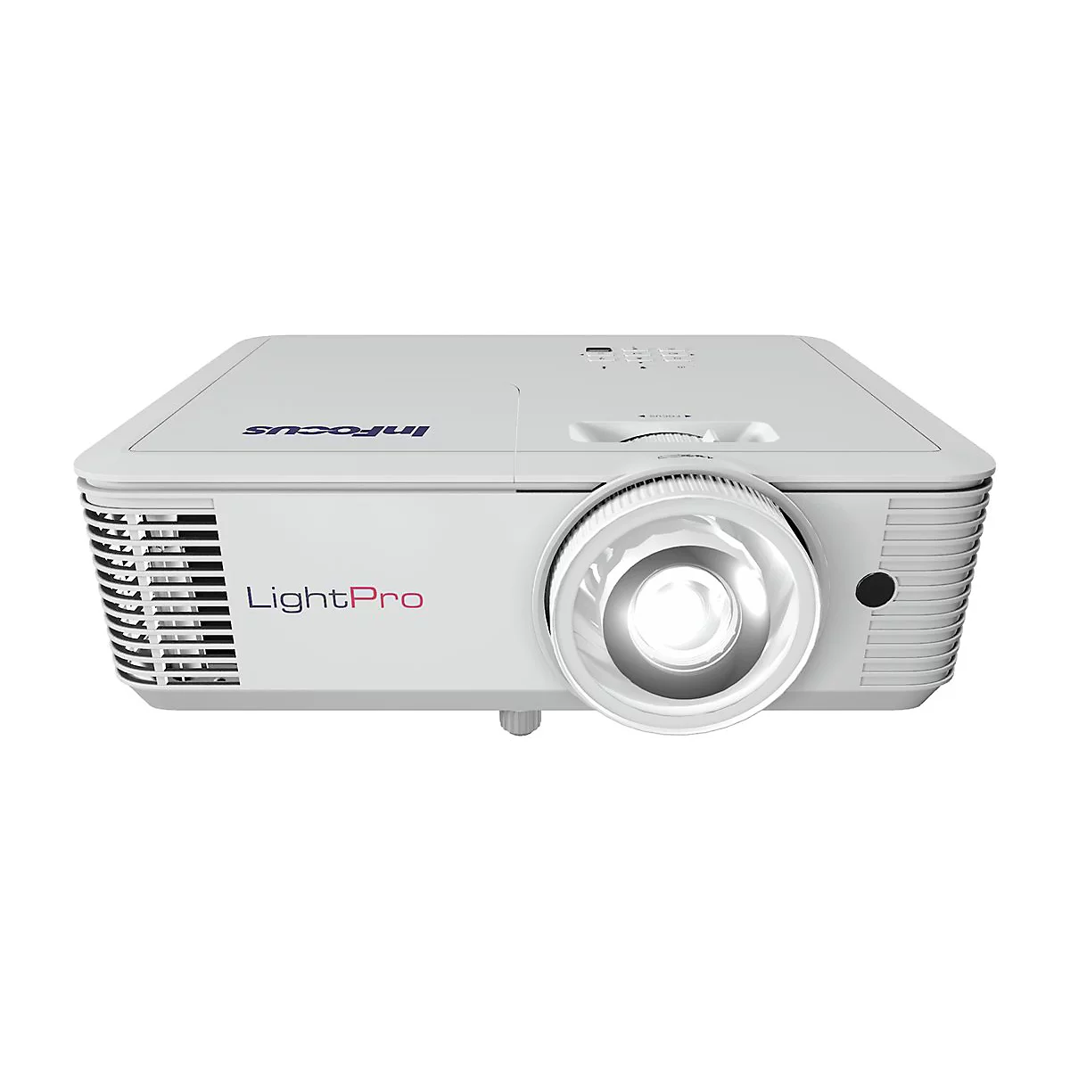 Weißer InFocus LightPro Projektor mit Linse auf der rechten Seite vor neutralem Hintergrund.