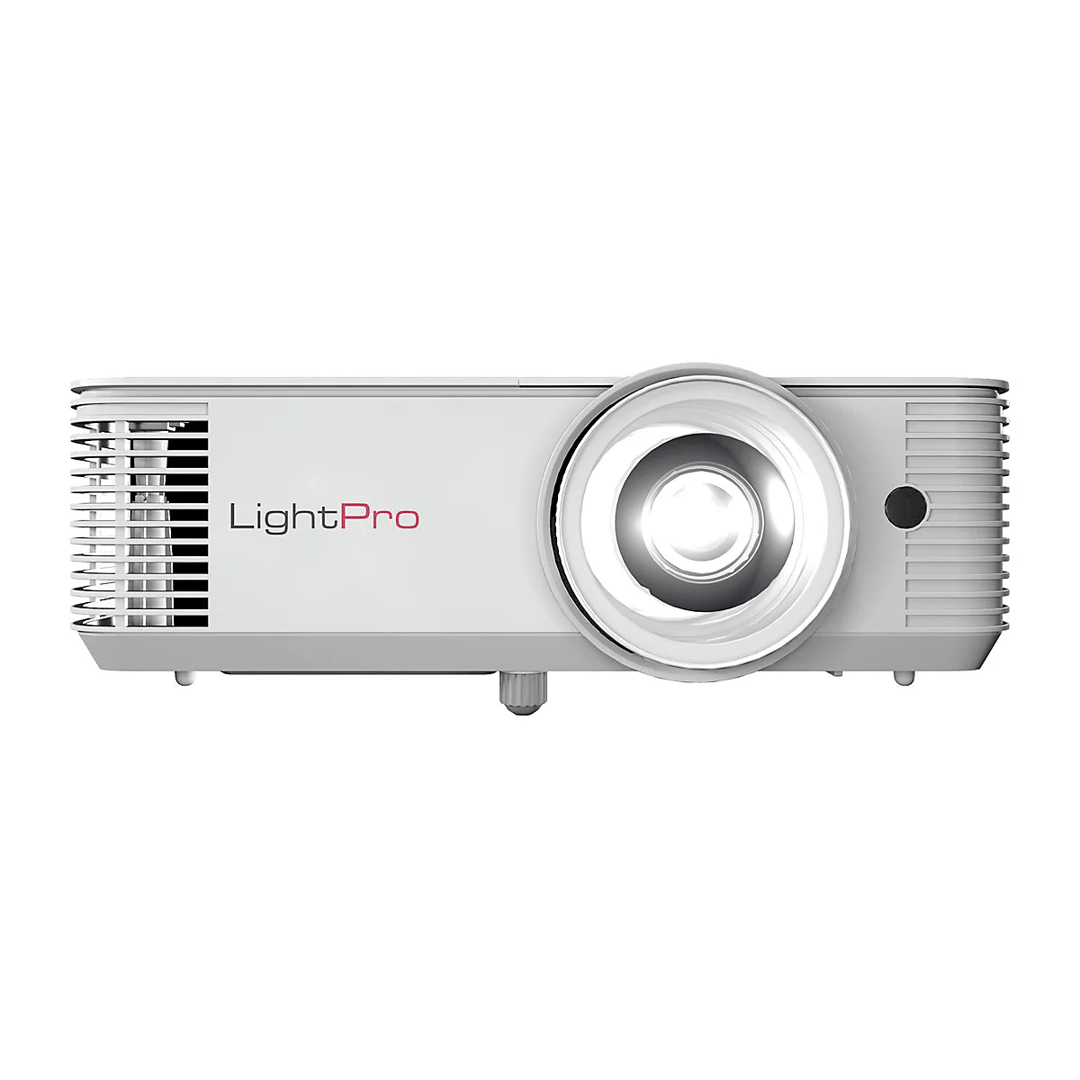 Weißer LightPro Projektor in Frontalansicht mit großem Objektiv und Lüftungsschlitzen.