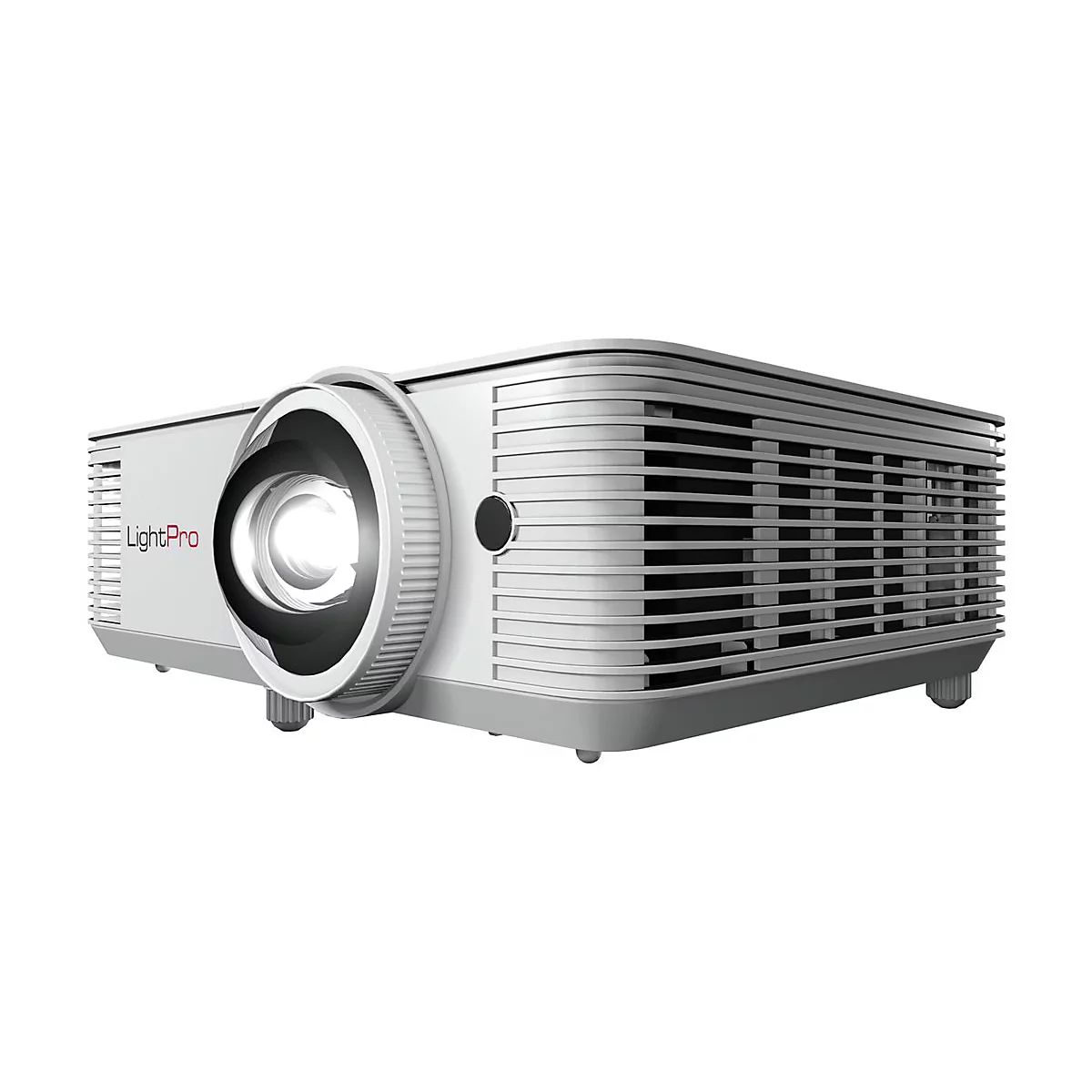 Weißer LightPro Projektor mit seitlichem Lamellendesign auf weißem Hintergrund.