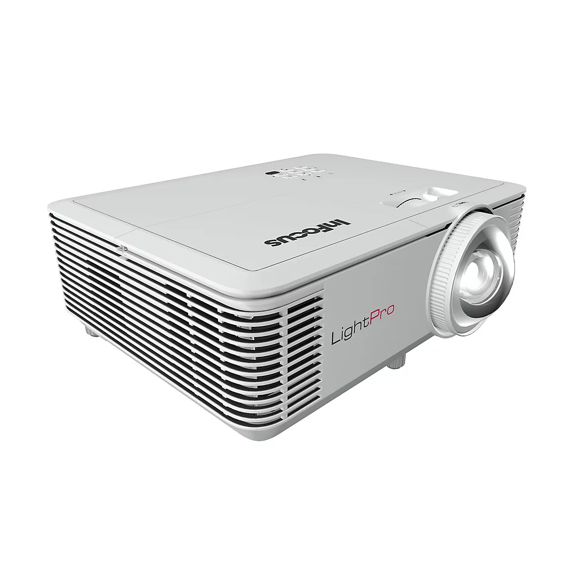 Weißer InFocus LightPro Projektor mit Fokusrad und Lüftungsschlitzen vor weißem Hintergrund.
