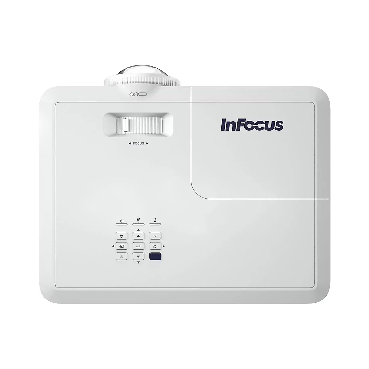 Weiße InFocus-Projektor-Draufsicht mit Fokusrad, Tastenfeld und Markenlogo.