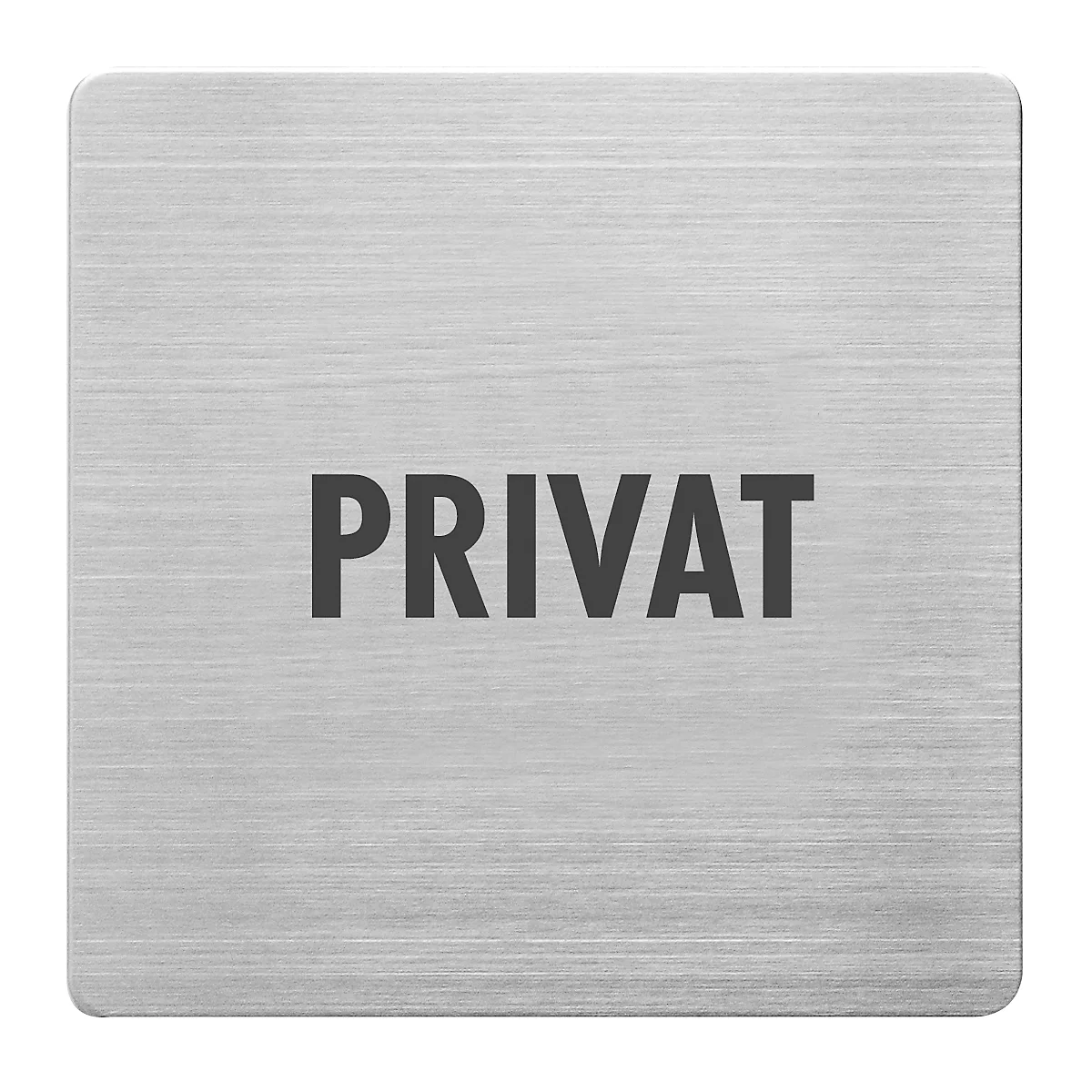 Rechthoekig zilveren bord met afgeronde hoeken. Het woord "PRIVÉ" staat erop in zwarte letters.