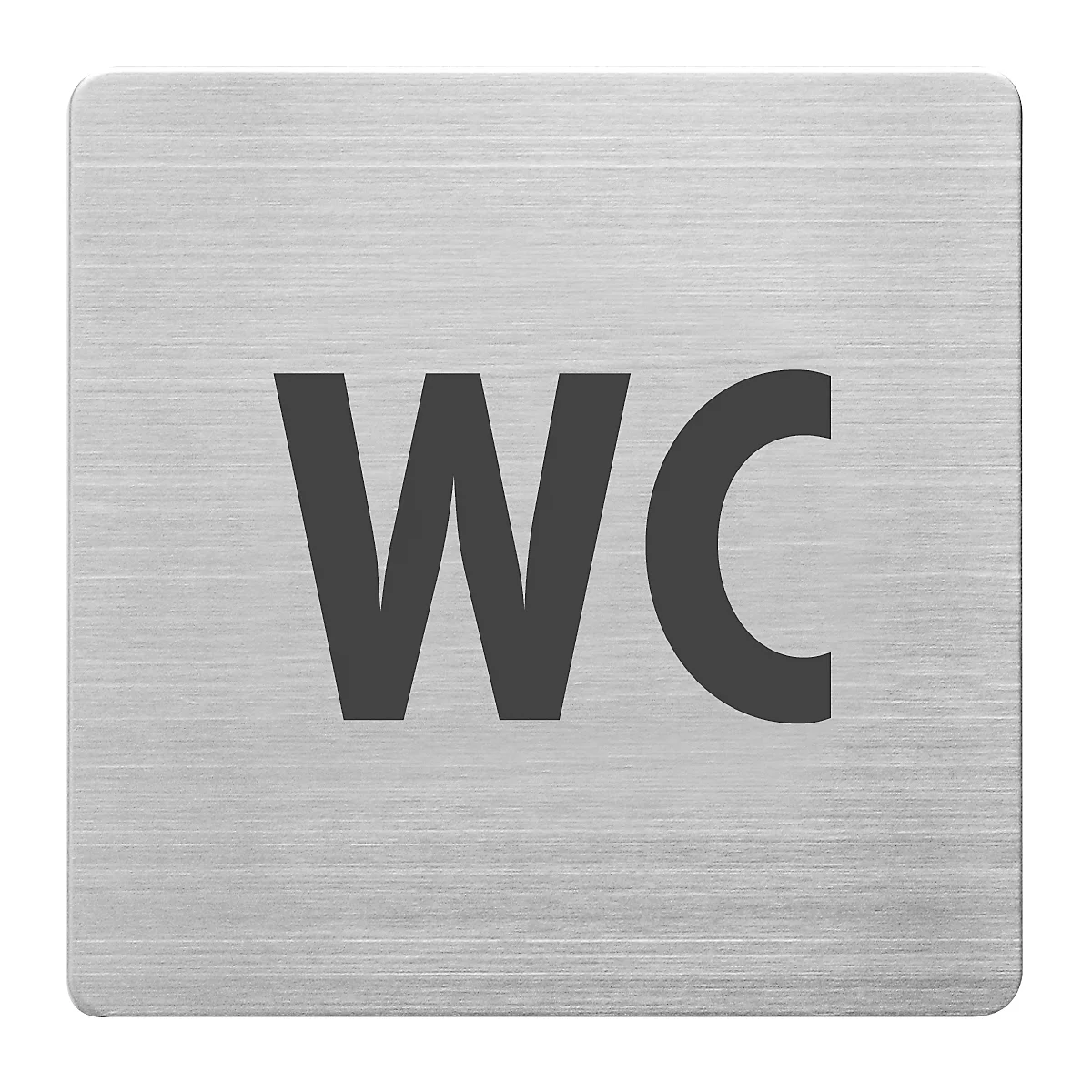 Vierkant bord met afgeronde hoeken en de letters WC in zwarte letters op een zilver-grijze achtergrond.