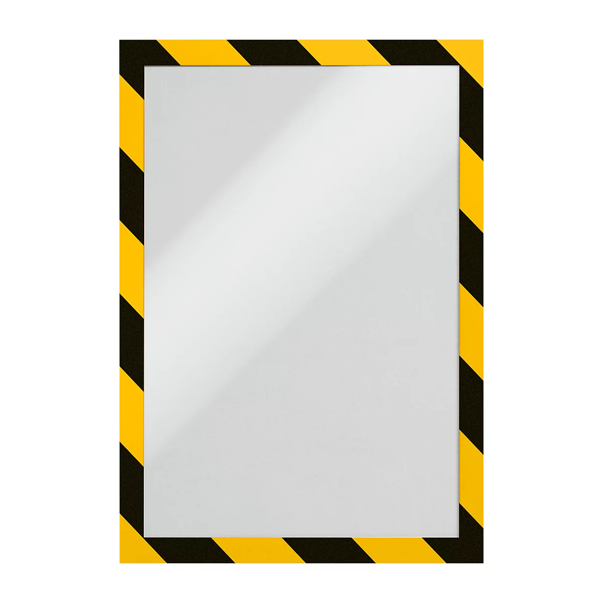 A white rectangle, framed by a yellow and black warning stripe.