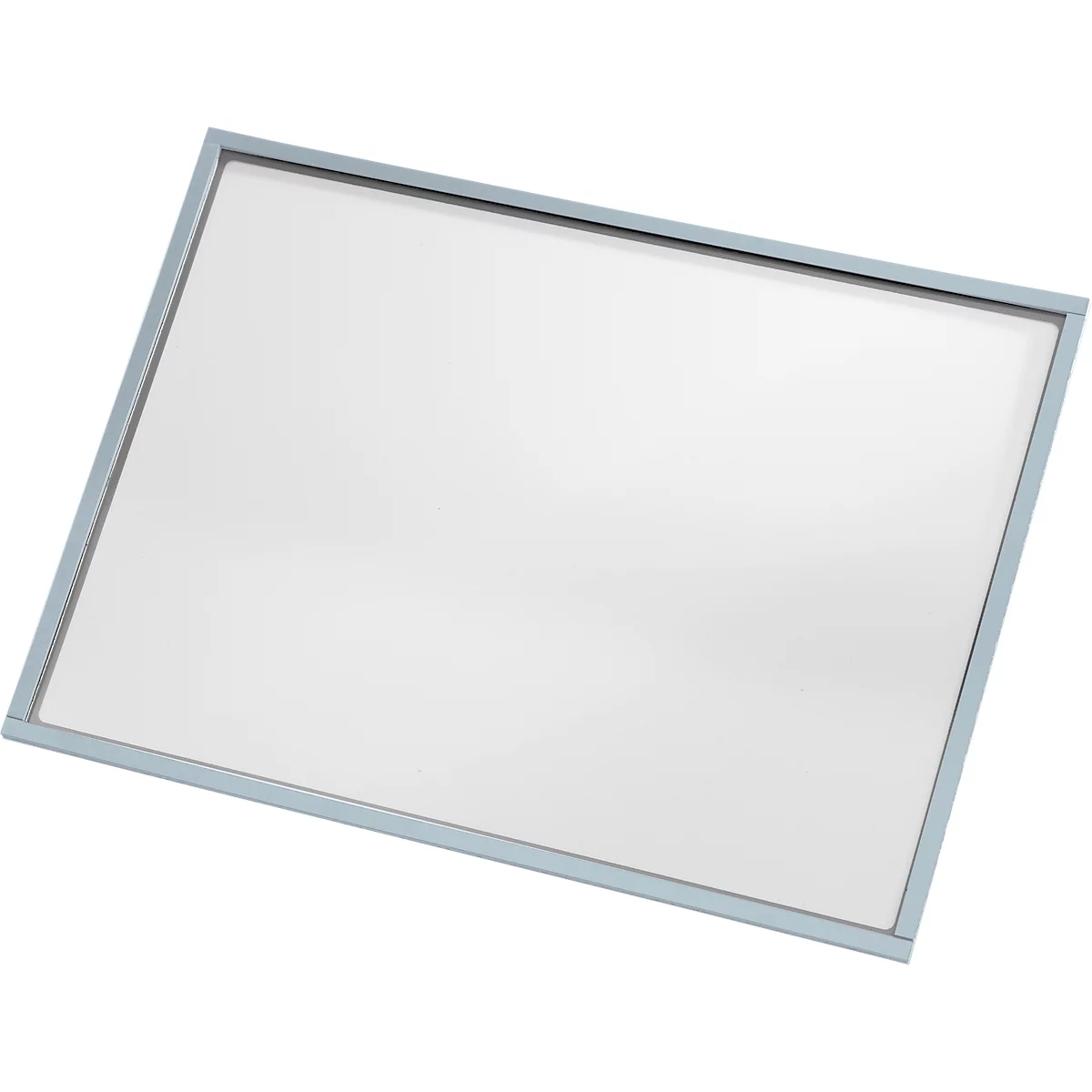 An empty, white whiteboard with a light blue frame, slightly angled.