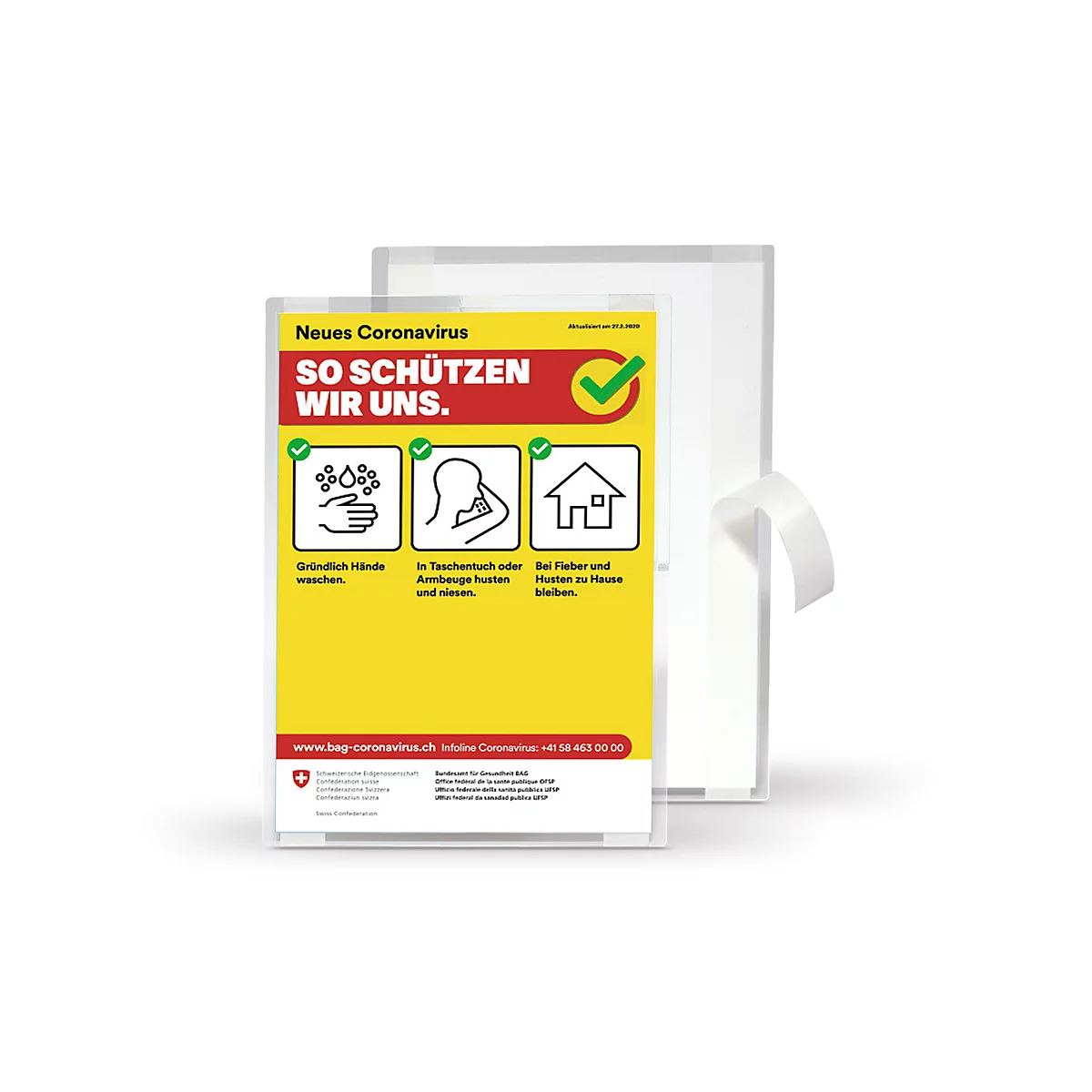 Yellow sign with instructions for protecting against the coronavirus: wash hands, cough in elbow, stay home with fever.
