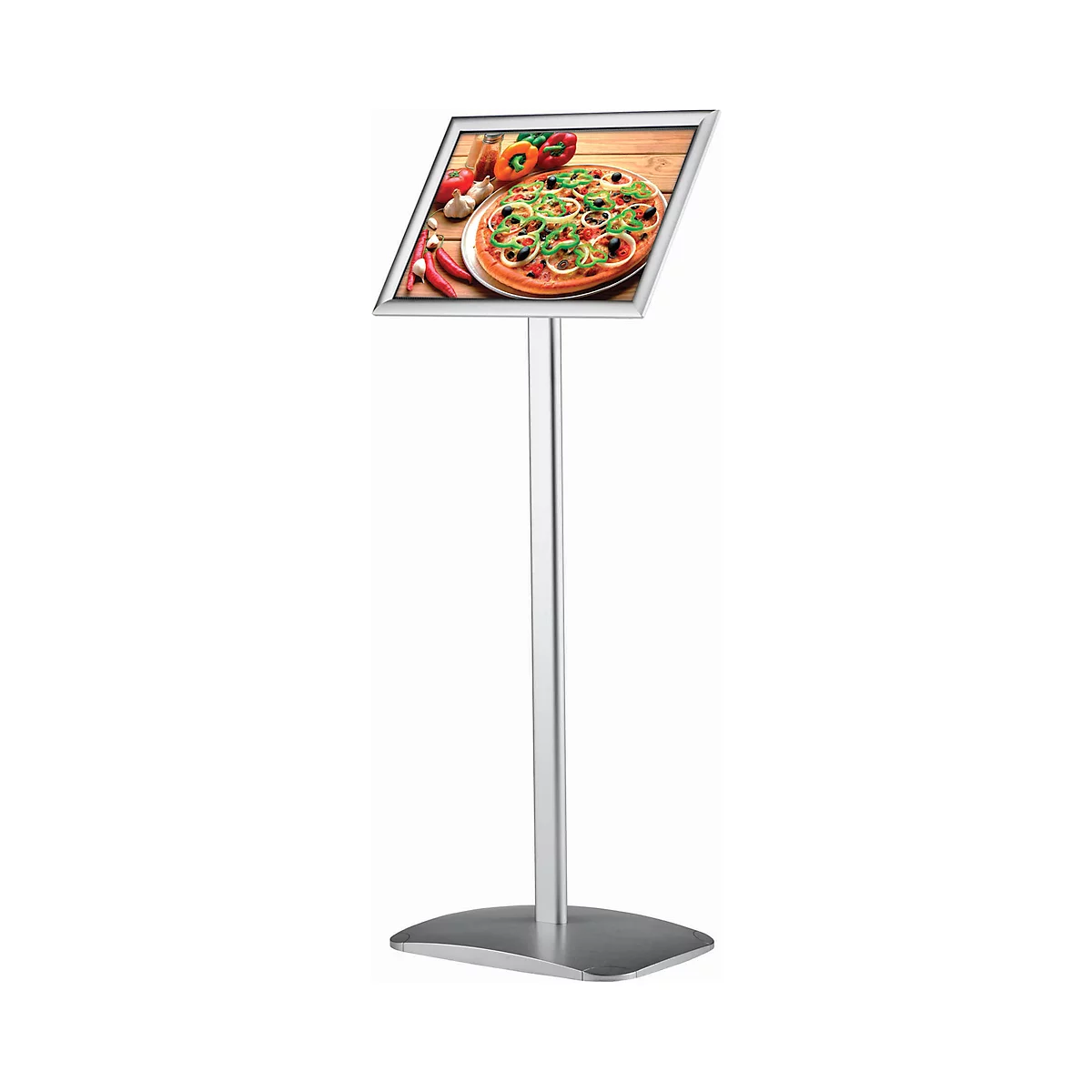 Silver display stand with an advertisement image of a pizza. The image is mounted at an angle, the base is round.