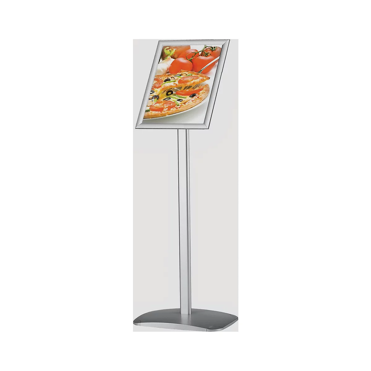 A silver stand with a frame showing a pizza image.
