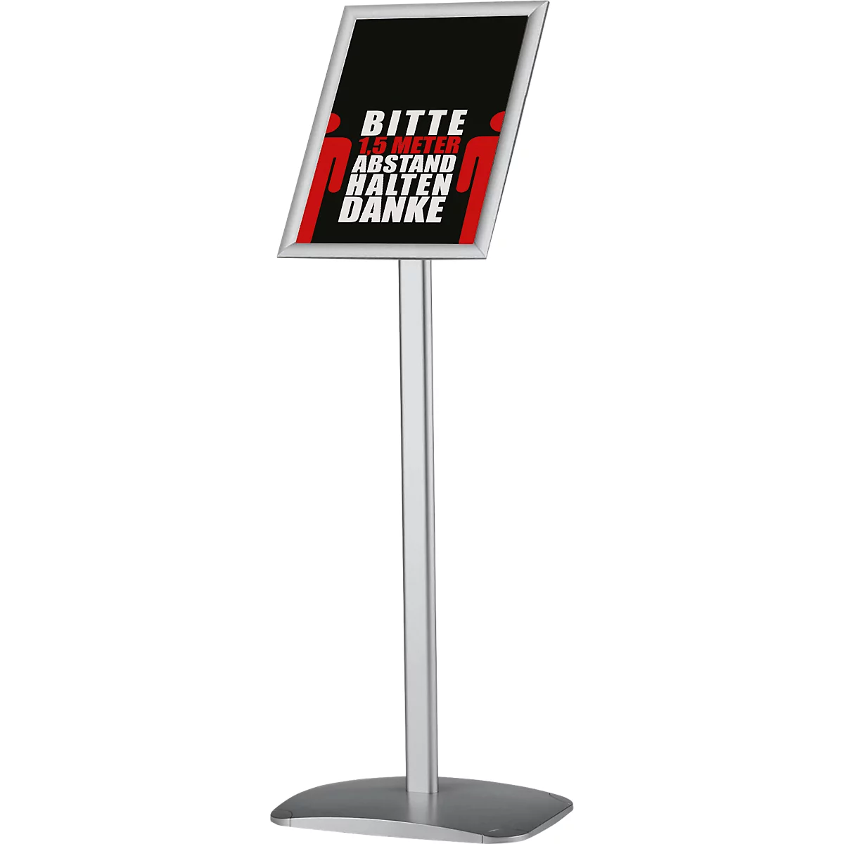 A metal sign with red and white lettering: Please keep 1.5 meters distance, thank you. The sign stands on a silver stand.